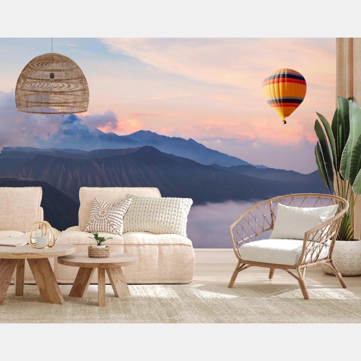 Papier peint montgolfière au-dessus des montagnes embrumées – Wallnifity® Papier peint montgolfière au-dessus des montagnes embrumées – Wallnifity®