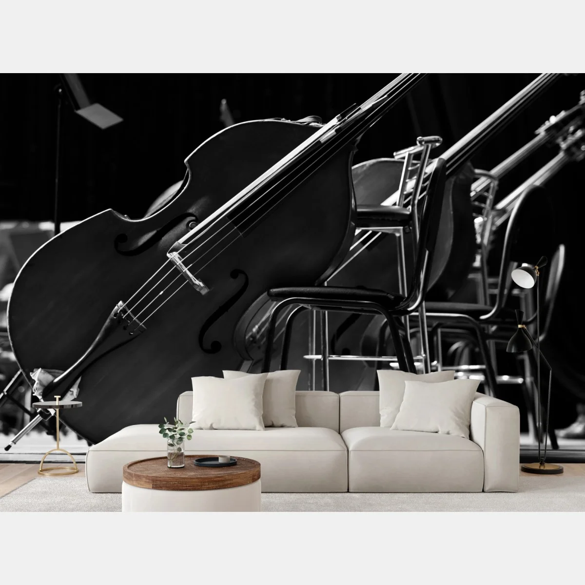 Papier peint silhouettes de contrebasses sur scène en noir et blanc – Wallnifity® Papier peint silhouettes de contrebasses sur scène en noir et blanc – Wallnifity®