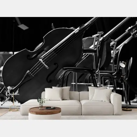 Papier peint silhouettes de contrebasses sur scène en noir et blanc – Wallnifity®