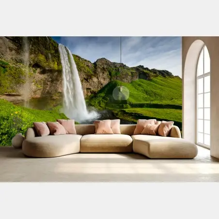 Papier peint cascade majestueuse de Seljalandsfoss, beauté islandaise – Wallnifity®