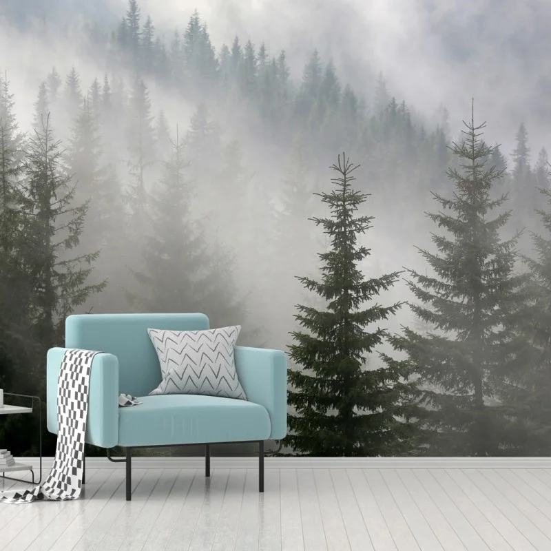 Papier peint forêt de pins dans la brume matinale – Wallnifity®