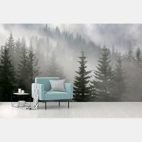 Papier peint forêt de pins dans la brume matinale – Wallnifity®