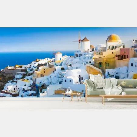 Papier peint village blanc de Santorin au bord de la mer – Wallnifity®