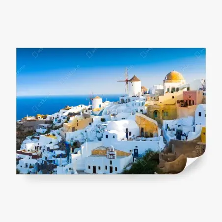 Papier peint village blanc de Santorin au bord de la mer – Wallnifity®