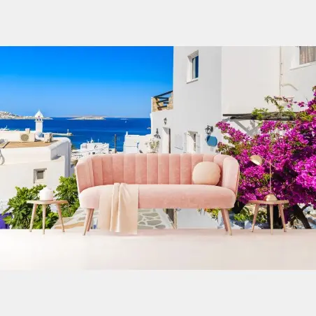 Papier peint ruelle blanche fleurie à Mykonos – Wallnifity®
