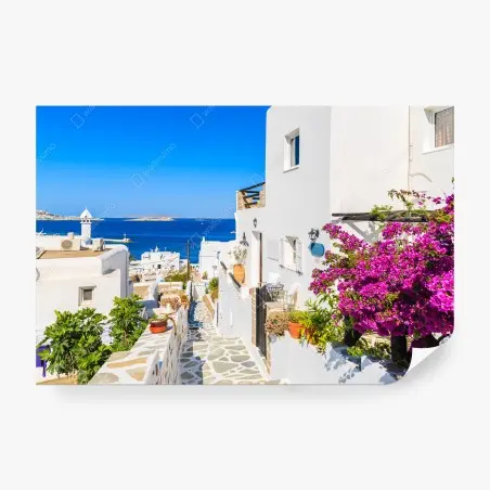 Papier peint ruelle blanche fleurie à Mykonos – Wallnifity®