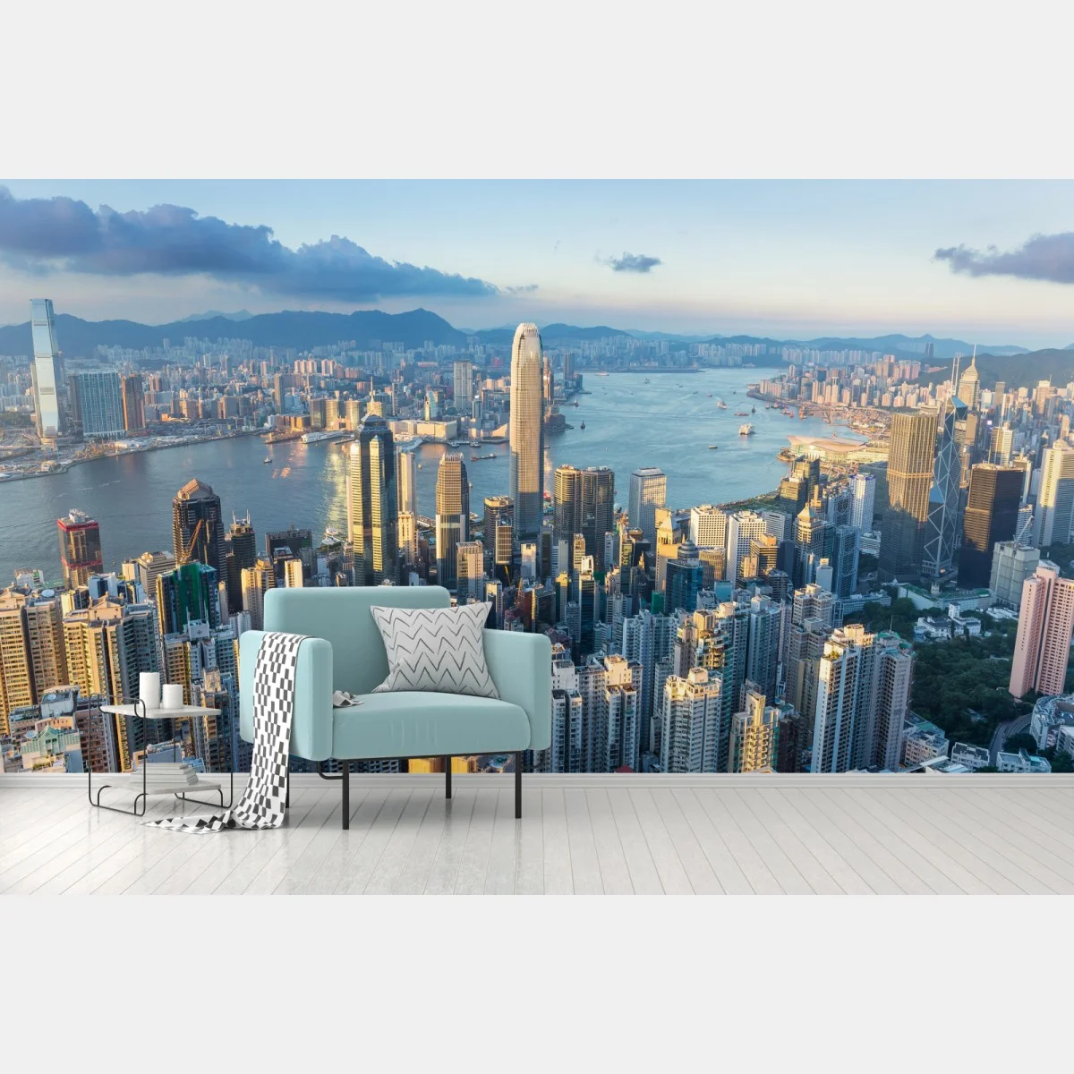 Papier peint coucher de soleil sur Hong Kong, panorama urbain – Wallnifity® Papier peint coucher de soleil sur Hong Kong, panorama urbain – Wallnifity®