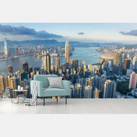 Papier peint coucher de soleil sur Hong Kong, panorama urbain – Wallnifity®