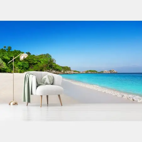 Papier peint plage tropicale au sable blanc et eaux turquoise – Wallnifity®