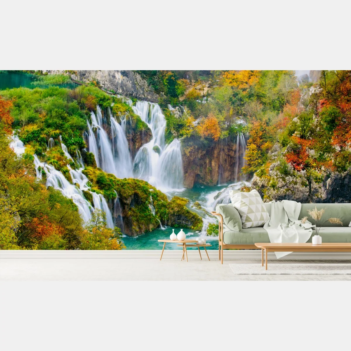 Papier peint paysage de cascades et lacs turquoise en automne – Wallnifity® Papier peint paysage de cascades et lacs turquoise en automne – Wallnifity®