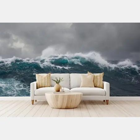 Papier peint vagues déchaînées sous un ciel orageux – Wallnifity®