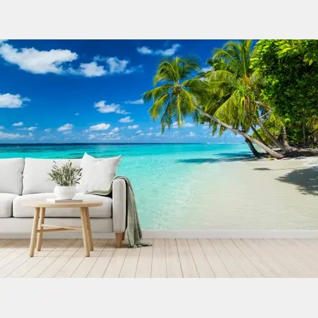 Papier peint plage tropicale aux palmiers et eau turquoise – Wallnifity®