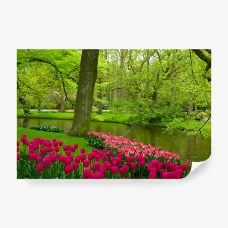 Papier peint scène printanière de tulipes au bord de l'eau – Wallnifity®
