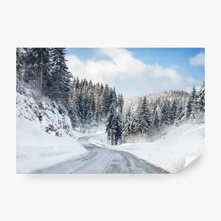 Papier peint route sinueuse dans une forêt enneigée – Wallnifity®