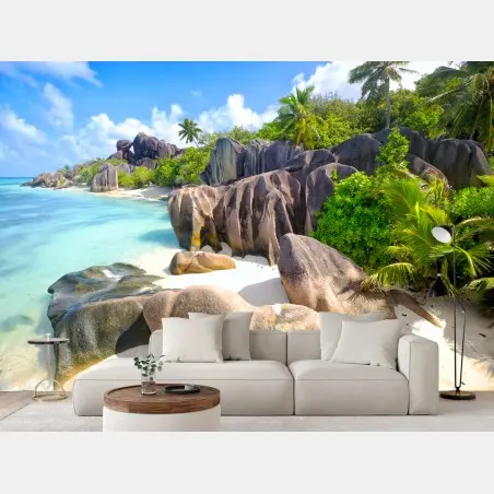 Papier peint paradis côtier d'Anse Source d'Argent – Wallnifity®