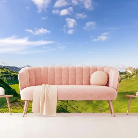 Papier peint paysage alpin verdoyant avec lac et montagnes – Wallnifity®