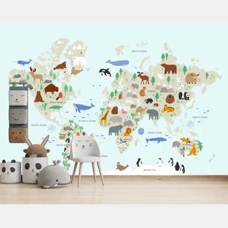 Papier peint mappemonde illustrée des animaux du monde – Wallnifity®