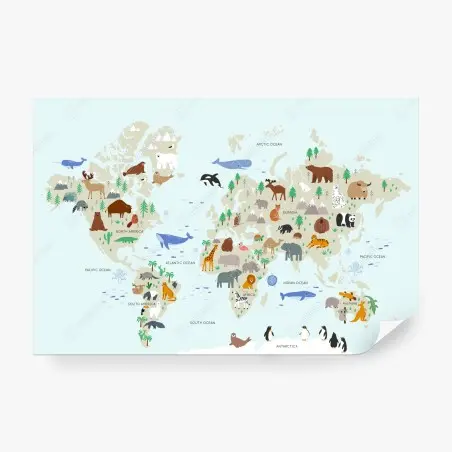 Papier peint mappemonde illustrée des animaux du monde – Wallnifity®