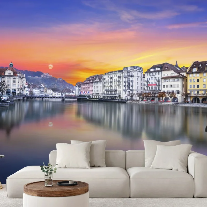 Papier peint coucher de soleil sur la Reuss à Lucerne – Wallnifity® Papier peint coucher de soleil sur la Reuss à Lucerne – Wallnifity®