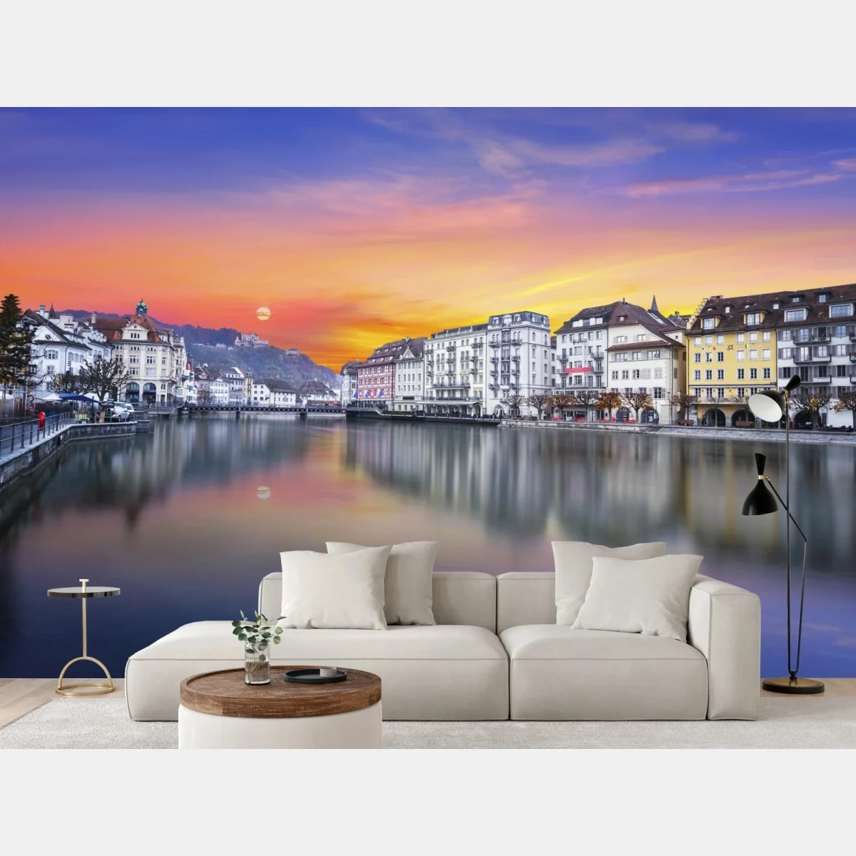 Papier peint coucher de soleil sur la Reuss à Lucerne – Wallnifity® Papier peint coucher de soleil sur la Reuss à Lucerne – Wallnifity®