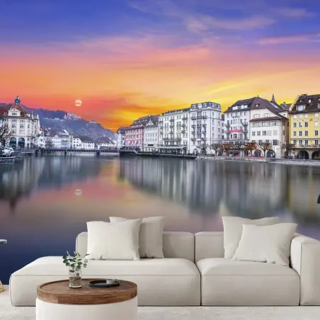 Papier peint coucher de soleil sur la Reuss à Lucerne – Wallnifity®