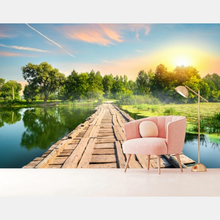Papier peint passerelle en bois au lever du soleil – Wallnifity®