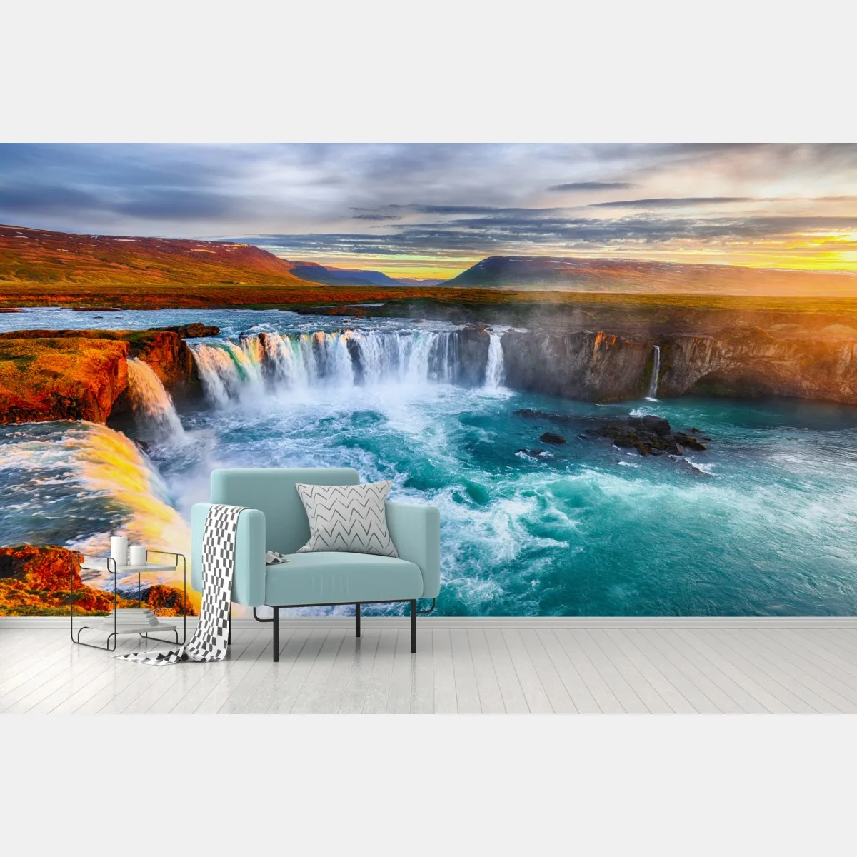 Papier peint aurore dorée sur Godafoss, cascade majestueuse d'Islande – Wallnifity® Papier peint aurore dorée sur Godafoss, cascade majestueuse d'Islande – Wallnifity®