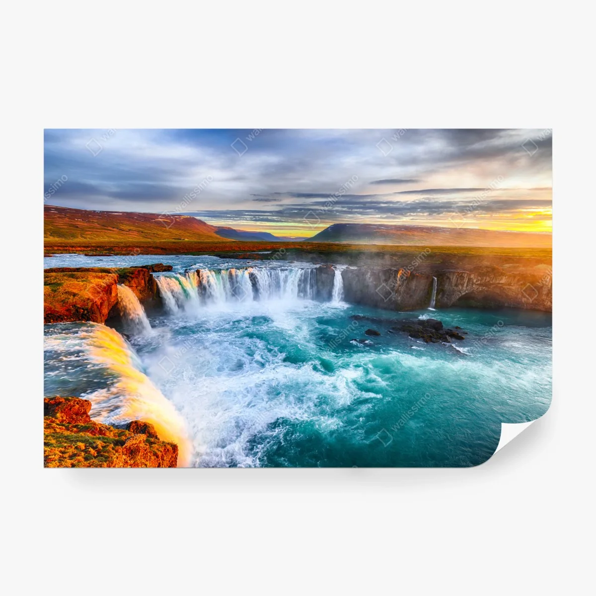 Papier peint aurore dorée sur Godafoss, cascade majestueuse d'Islande – Wallnifity® Papier peint aurore dorée sur Godafoss, cascade majestueuse d'Islande – Wallnifity®