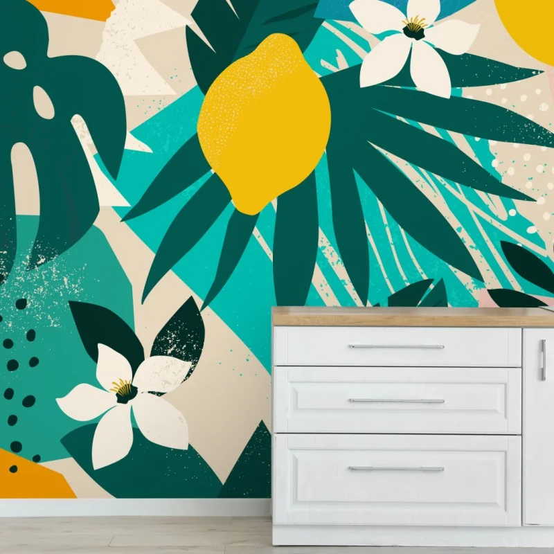 Papier peint motif botanique tropical citronné – Wallnifity® Papier peint motif botanique tropical citronné – Wallnifity®