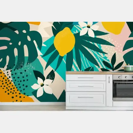 Papier peint motif botanique tropical citronné – Wallnifity®