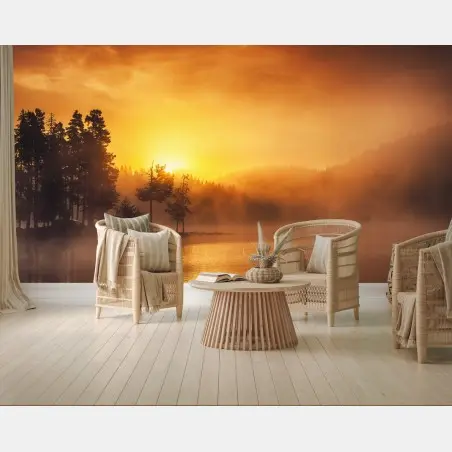 Papier peint aurore dorée sur le lac brumeux – Wallnifity®