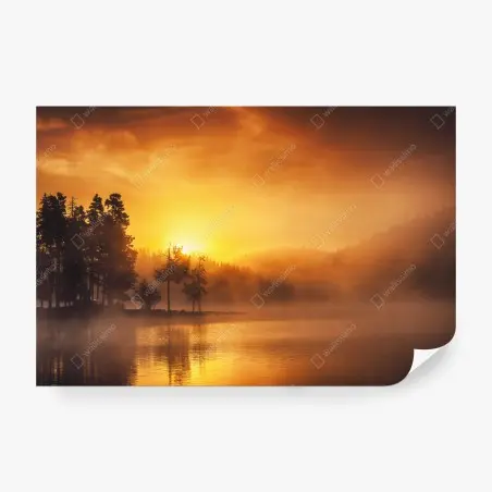 Papier peint aurore dorée sur le lac brumeux – Wallnifity®