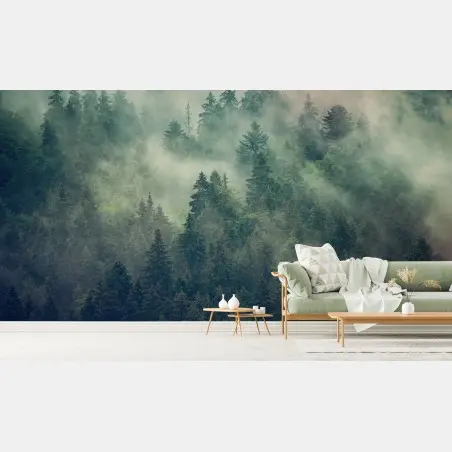 Papier peint forêt embrumée aux sapins majestueux – Wallnifity®