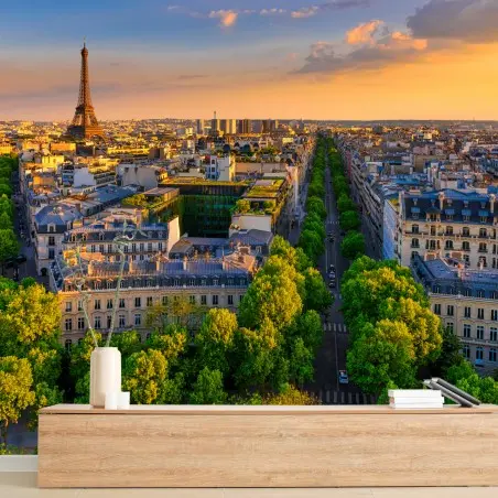 Papier peint panorama doré de Paris et de la Tour Eiffel au crépuscule – Wallnifity®