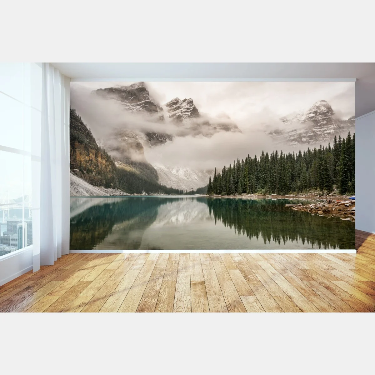Papier peint paysage de montagne brumeux au bord du lac – Wallnifity® Papier peint paysage de montagne brumeux au bord du lac – Wallnifity®