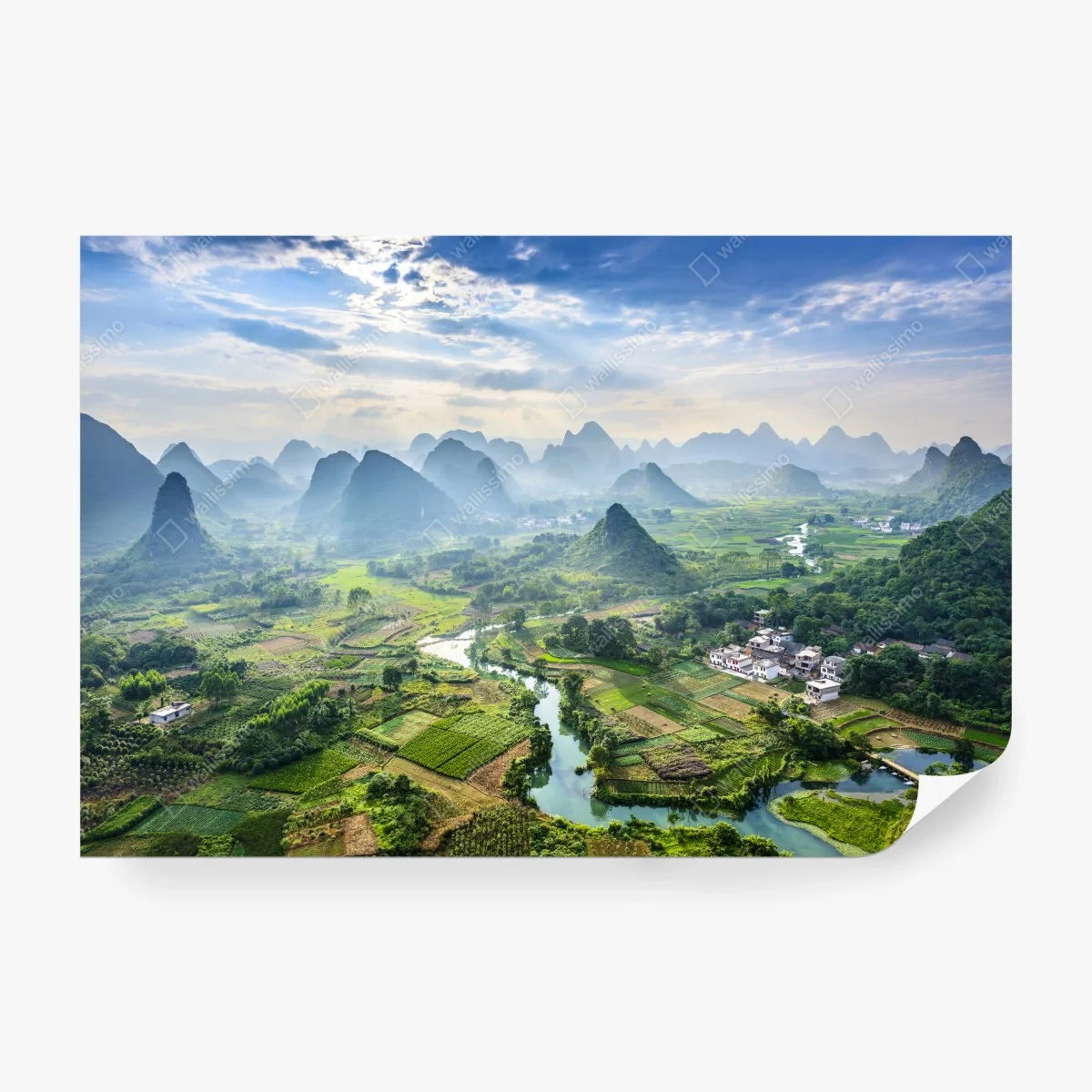 Papier peint panorama de karsts et rizières brumeuses – Wallnifity® Papier peint panorama de karsts et rizières brumeuses – Wallnifity®