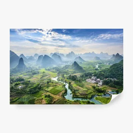 Papier peint panorama de karsts et rizières brumeuses – Wallnifity®