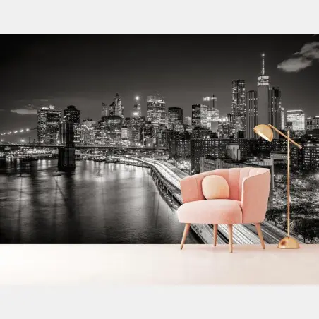 Papier peint panorama urbain nocturne New York en noir et blanc – Wallnifity®