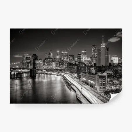 Papier peint panorama urbain nocturne New York en noir et blanc – Wallnifity®
