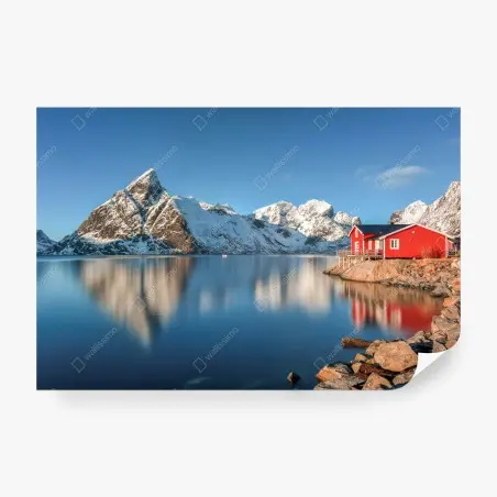 Papier peint cabane rouge au bord du fjord à Reine, Lofoten – Wallnifity®