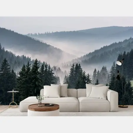Papier peint brume matinale sur la forêt de conifères – Wallnifity®