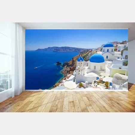 Papier peint village aux dômes bleus de Santorin – Wallnifity®