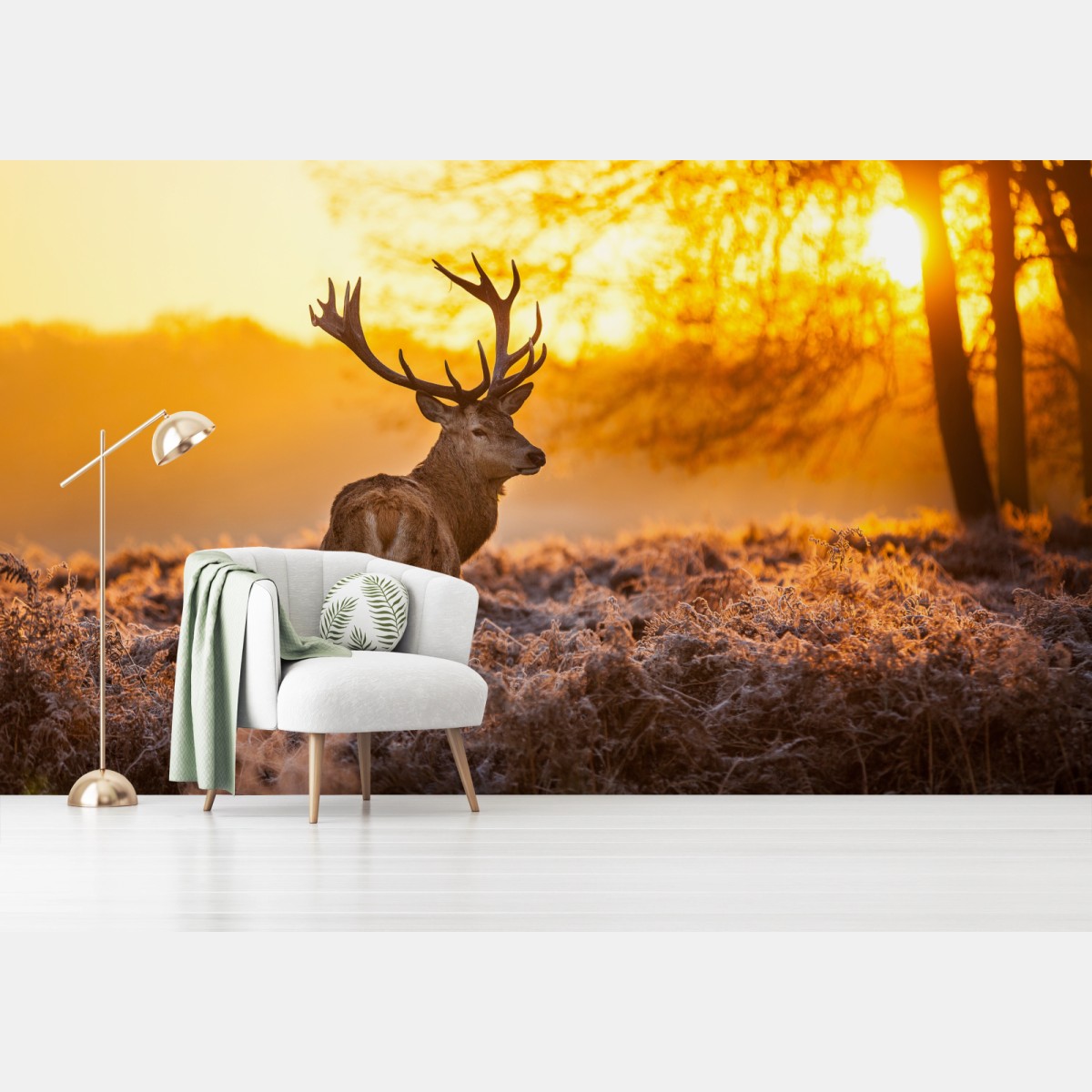 Papier peint cerf au lever du soleil dans un paysage givré – Wallnifity®