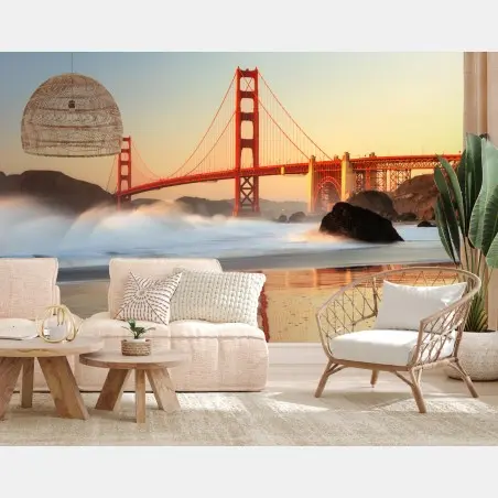 Papier peint vue dorée du Golden Gate au crépuscule – Wallnifity®
