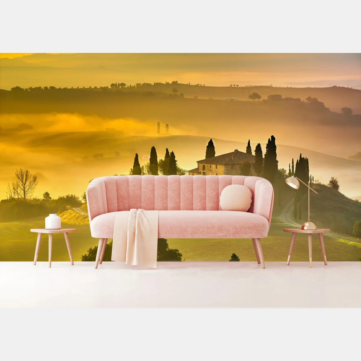 Papier peint aube dorée sur la colline brumeuse – Wallnifity® Papier peint aube dorée sur la colline brumeuse – Wallnifity®