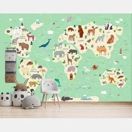 Papier peint carte du monde illustrée des animaux – Wallnifity®