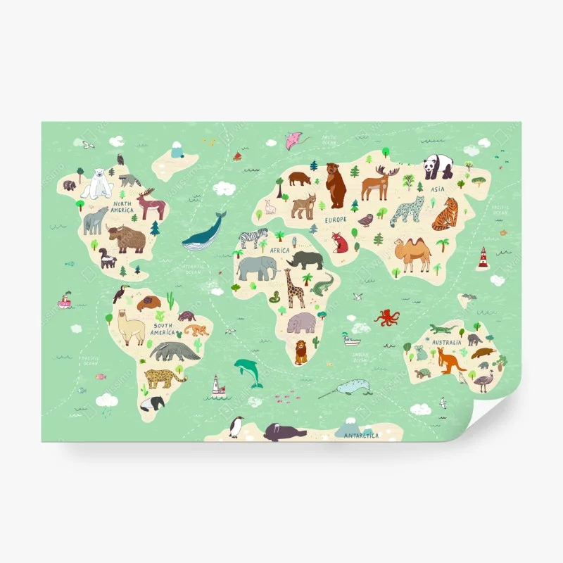 Papier peint carte du monde illustrée des animaux – Wallnifity®