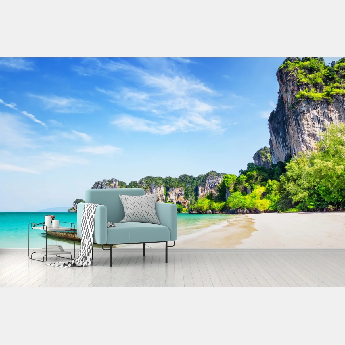Papier peint bateau traditionnel sur la plage de Railay, Thaïlande – Wallnifity® Papier peint bateau traditionnel sur la plage de Railay, Thaïlande – Wallnifity®