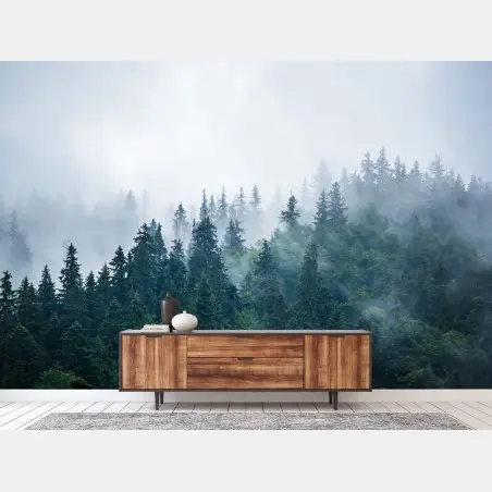 Papier peint brume sur la forêt de sapins – Wallnifity®