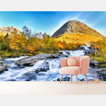 Papier peint cascade d'automne au pied des montagnes – Wallnifity®